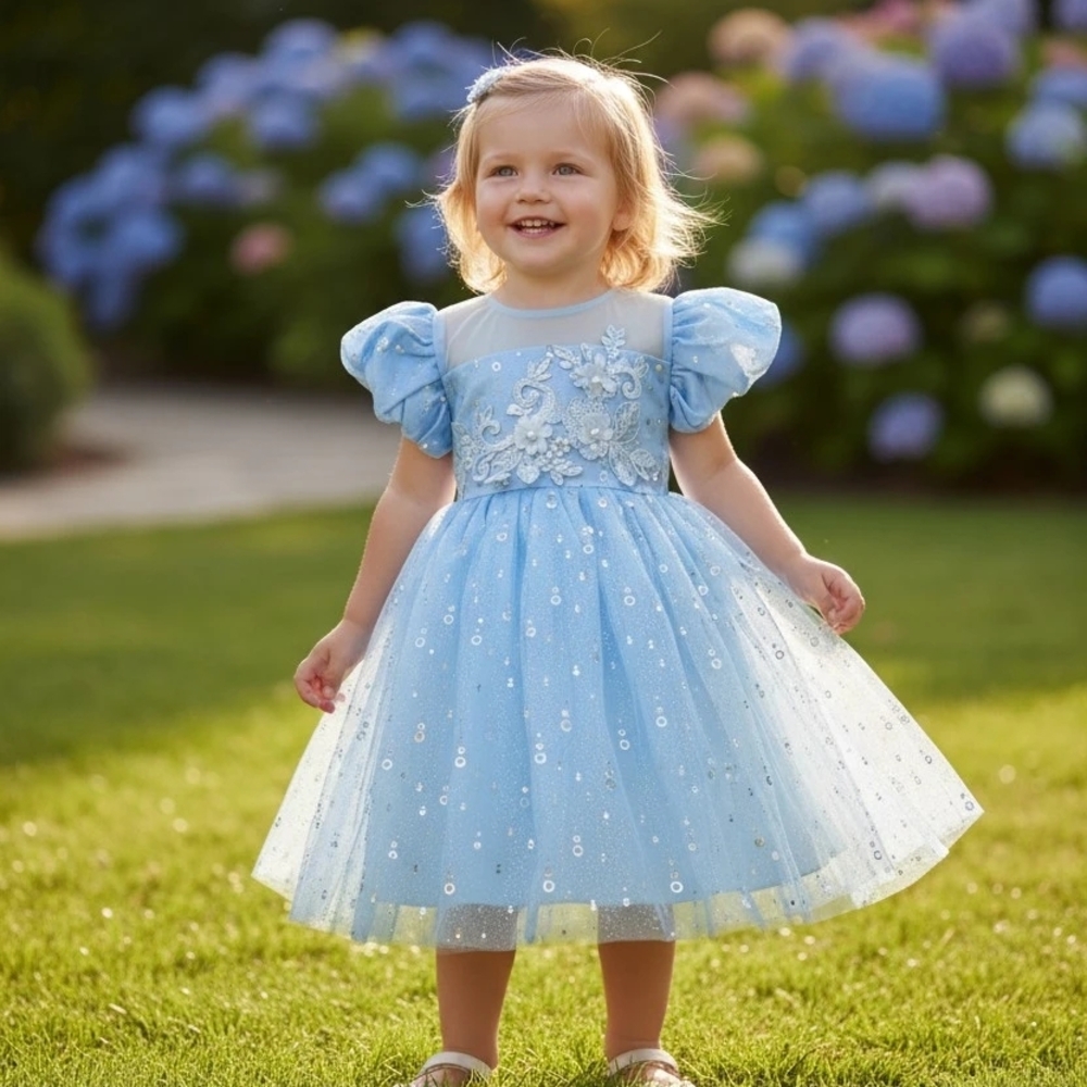 Light Blue Tulle Flower Appliqué Toddler Dress